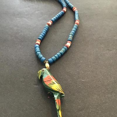 Vintage hand carved and painted parrot necklace