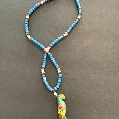 Vintage hand carved and painted parrot necklace