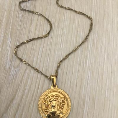 Vintage Gold tone medusa polish from creek, mythology coin symbol, protection, negative energies necklace