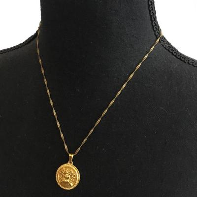 Vintage Gold tone medusa polish from creek, mythology coin symbol, protection, negative energies necklace