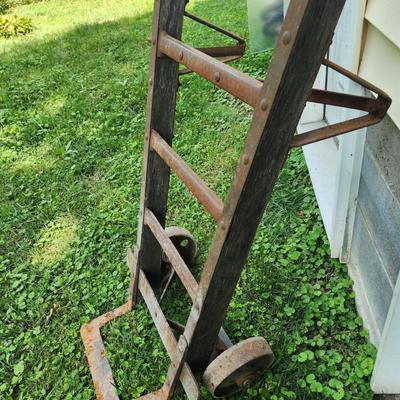 Vintage Metal & Wood Hand Truck Two Cast Iron Wheels