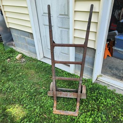 Vintage Metal & Wood Hand Truck Two Cast Iron Wheels