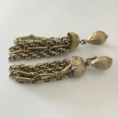 Beautiful satin, gold tone dangle clip on earrings