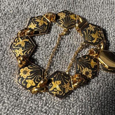DAMASCENE Toledo Spain, Bird and Flower Link Bracelet with a safety chain.