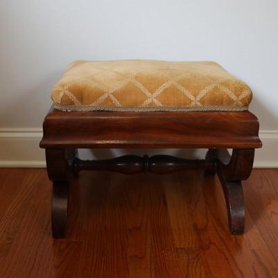 Vintage Upholstered Mahogany Stool with Curved Legs