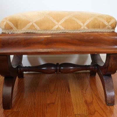 Vintage Upholstered Mahogany Stool with Curved Legs
