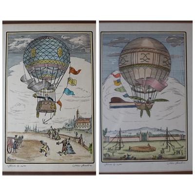 Framed Biliverti Franco Rainaldi Hand Colored French Balloon Prints (2)