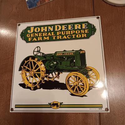 THICK METAL JOHN DEERE SIGNS, CO-OP COASTERS AND 2 VINTAGE ROAD MAPS