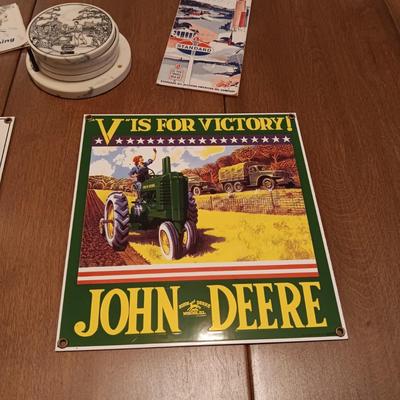 THICK METAL JOHN DEERE SIGNS, CO-OP COASTERS AND 2 VINTAGE ROAD MAPS