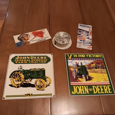 THICK METAL JOHN DEERE SIGNS, CO-OP COASTERS AND 2 VINTAGE ROAD MAPS