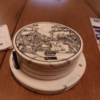 THICK METAL JOHN DEERE SIGNS, CO-OP COASTERS AND 2 VINTAGE ROAD MAPS