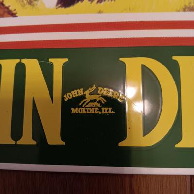 THICK METAL JOHN DEERE SIGNS, CO-OP COASTERS AND 2 VINTAGE ROAD MAPS