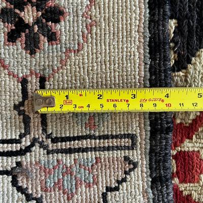 Sale Photo Thumbnail #36: Measures 6' x 3'10"
Flat weave rug with small areas with thread slippage on fringe.