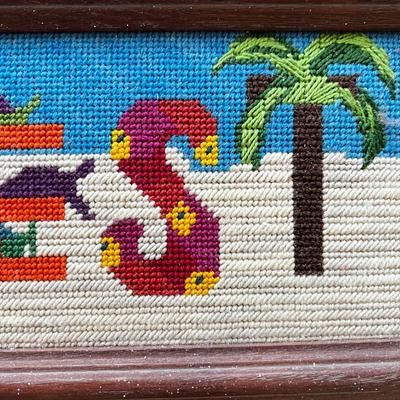 Sale Photo Thumbnail #68: Needle point is framed and measures 18.25" x 6.25" with table lamp with lamp shade that does not sit on straight measuring 14"H