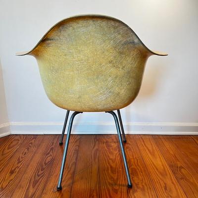 Sale Photo Thumbnail #97: Metal legs with light rust spots, back rest has two crack/split lines but back is still supported.
Measures 29.25"H x 24.75"W x 24"D, seat height 15.5" x seat depth 18.5"