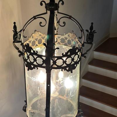 Imported Antique French Wrought Iron & Etched Glass Lantern Chandelier