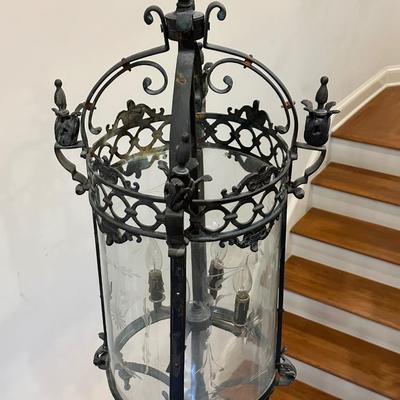 Imported Antique French Wrought Iron & Etched Glass Lantern Chandelier