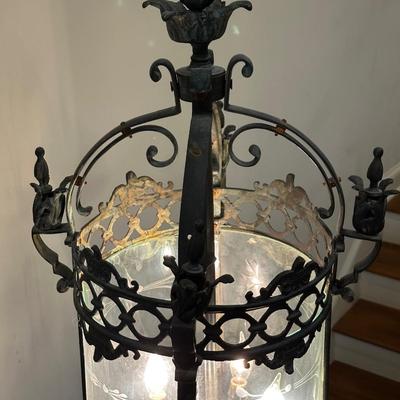 Imported Antique French Wrought Iron & Etched Glass Lantern Chandelier