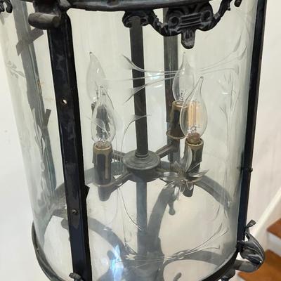 Imported Antique French Wrought Iron & Etched Glass Lantern Chandelier