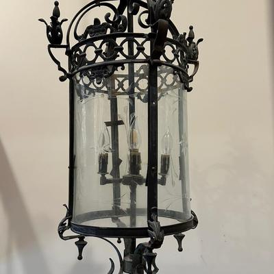 Imported Antique French Wrought Iron & Etched Glass Lantern Chandelier