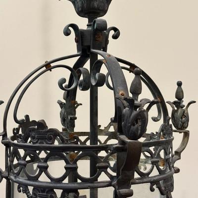 Imported Antique French Wrought Iron & Etched Glass Lantern Chandelier