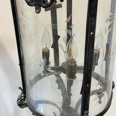Imported Antique French Wrought Iron & Etched Glass Lantern Chandelier