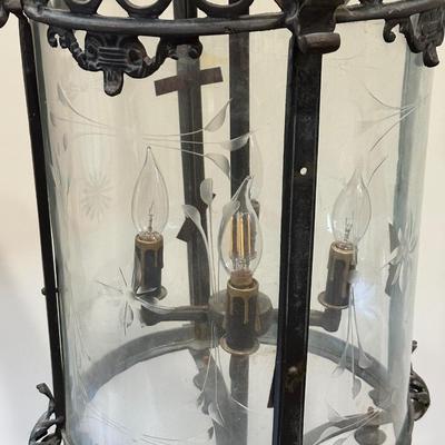 Imported Antique French Wrought Iron & Etched Glass Lantern Chandelier