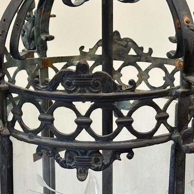 Imported Antique French Wrought Iron & Etched Glass Lantern Chandelier