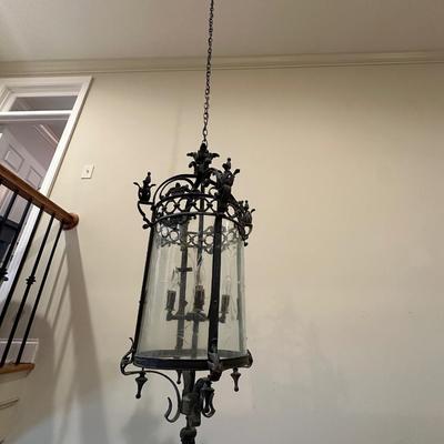 Imported Antique French Wrought Iron & Etched Glass Lantern Chandelier