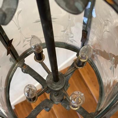 Imported Antique French Wrought Iron & Etched Glass Lantern Chandelier