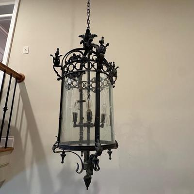Imported Antique French Wrought Iron & Etched Glass Lantern Chandelier