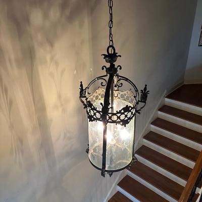 Imported Antique French Wrought Iron & Etched Glass Lantern Chandelier