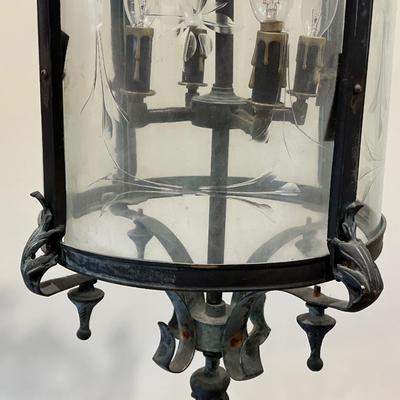 Imported Antique French Wrought Iron & Etched Glass Lantern Chandelier