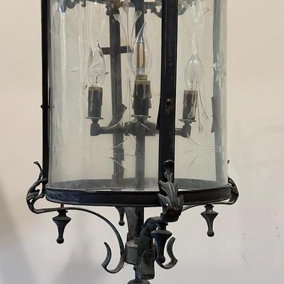 Imported Antique French Wrought Iron & Etched Glass Lantern Chandelier