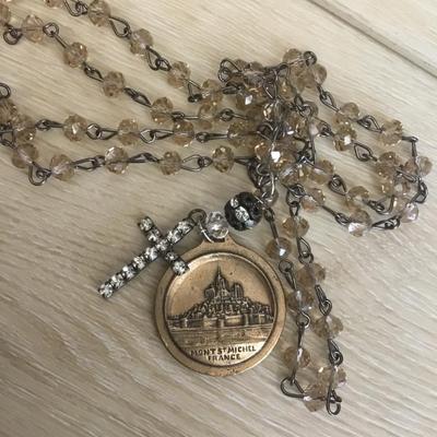 Vintage Crystal beaded cross, and faith charm necklace