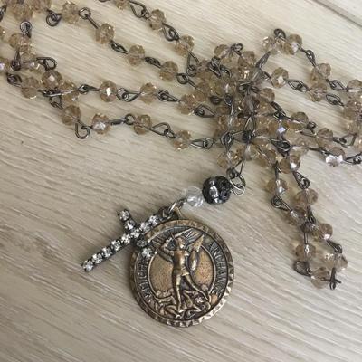 Vintage Crystal beaded cross, and faith charm necklace