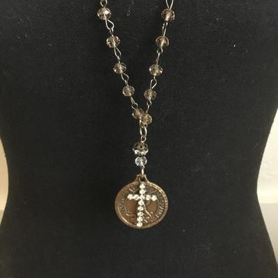 Vintage Crystal beaded cross, and faith charm necklace
