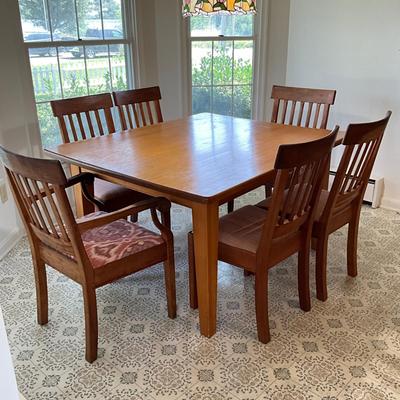 Sale Photo Thumbnail #137: Chairs measure 37"H x 19"W x 19"D, seat height 18" (5 dining and one arm chair) and are Charles Shackleton 

Table measures  46.5"W x 30"H x 54"L and is NOT made by Charles Shackleton