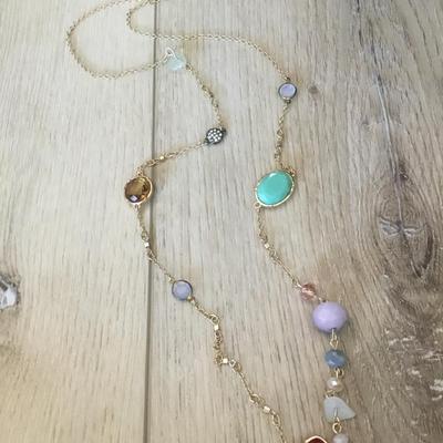 Beautiful, crystal, multicolored, fashion, necklace, satin gold, toned