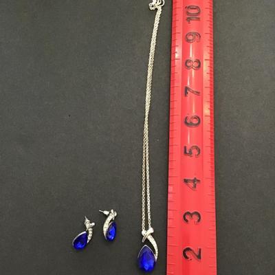 Silvertone necklace, SilverTone pendant with blue rhinestone, earring combo