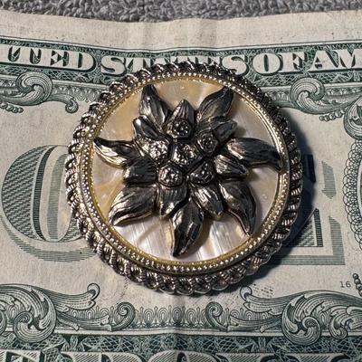Western Germany Scarf Clip, Edelweiss Flower and a Mother of Pearl-style Background.