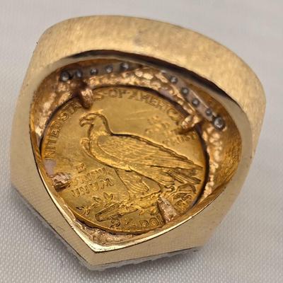 Lot 8: 14k Gold Buffalo Nickel Ring with Diamond Stone Trim / Size 9.5 / 17g