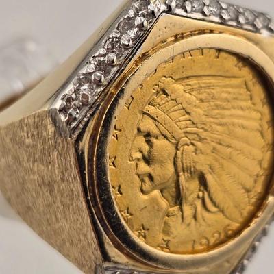 Lot 8: 14k Gold Buffalo Nickel Ring with Diamond Stone Trim / Size 9.5 / 17g