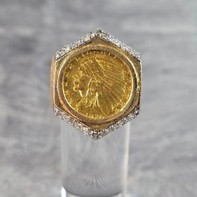 Lot 8: 14k Gold Buffalo Nickel Ring with Diamond Stone Trim / Size 9.5 / 17g