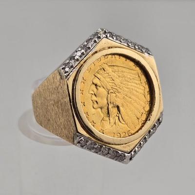 Lot 8: 14k Gold Buffalo Nickel Ring with Diamond Stone Trim / Size 9.5 / 17g