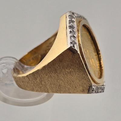 Lot 8: 14k Gold Buffalo Nickel Ring with Diamond Stone Trim / Size 9.5 / 17g