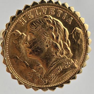 Lot 19: 18k Gold Helvetia Swiss Coin Ring / Size 6 / 13g