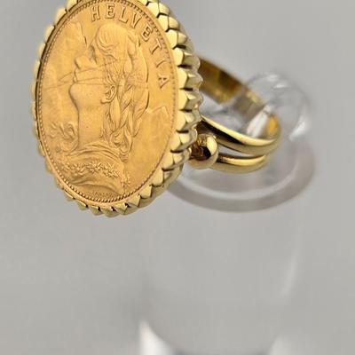 Lot 19: 18k Gold Helvetia Swiss Coin Ring / Size 6 / 13g
