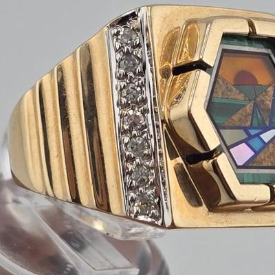 Lot 21: 10k Gold Micro-Mosaic Ring with Diamond Trim - 10g / Size 7