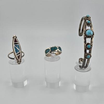 Lot 35: Native American Style Rings & Bracelet with Stones / Sizes 5.5 & 7